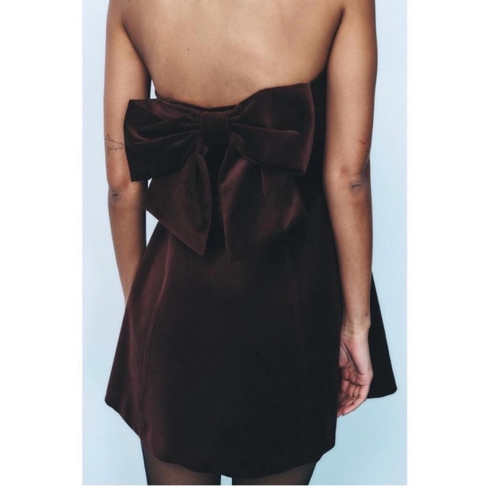 Zara Strapless burgundy velvet Mini Dress with Bow
